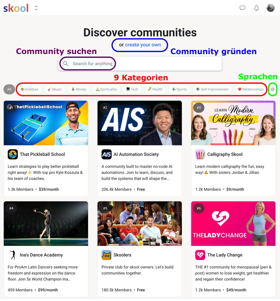 Communitys gründen, Communitys durchstobern und nach Keywords suchen in der Skool Discovery. Erfahre mehr in meinen Skool Erfahrunsbericht 2026.