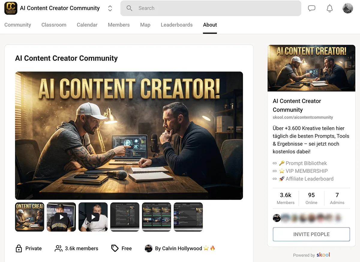 Skool AI ContentSkool Creator Seite mit Beschreibung und Video der Community auf der About-Seite. Calvin Hollywood und Sebastian Baessler sind die Inhaber der Community mit knapp 4000 Mitgliedern.