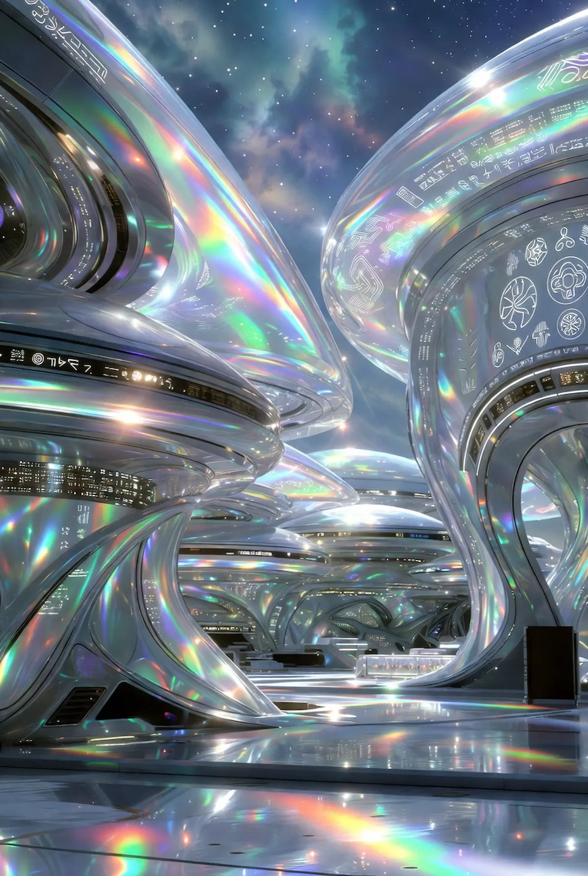 Futuristische holografische Szene im Extra Celestial Stil als Inspiration für den Aufbau einer Skool Community