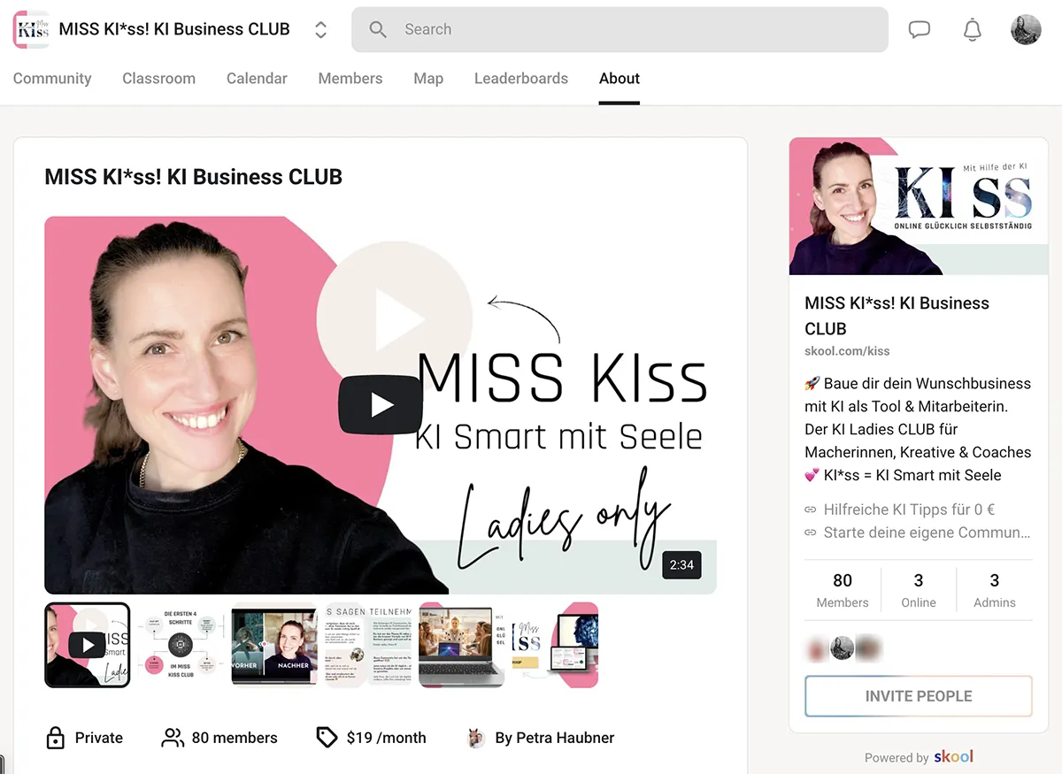 Skool Community Seite von Petra Haubner. Sie heisst Miss Kiss und ist ein KI Business Club, der sich an Frauen richtet, die auf feminine Art und Weise ein Online Business mit der Hilfe von KI aufbauen wollen.