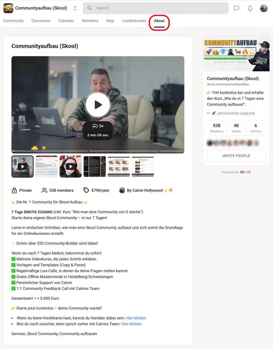 Skool About-Seite mit Introvideo von Calvin Hollywood und Community-Details