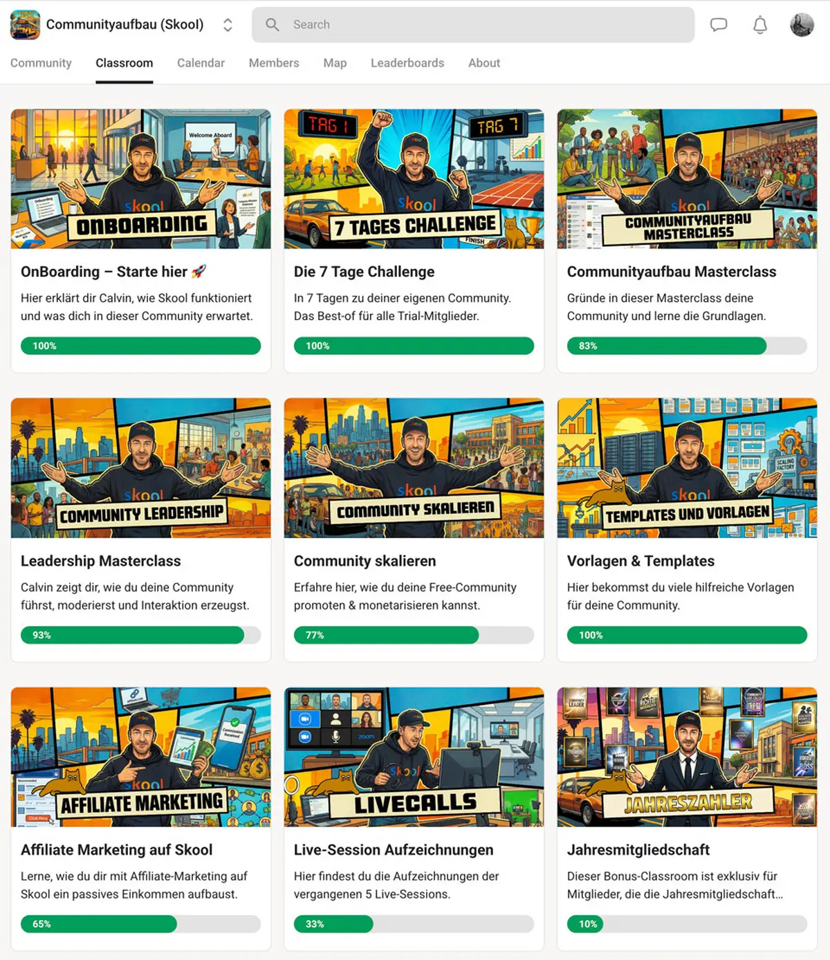 Skool Classroom Übersicht: Lernmodule wie Onboarding, Challenges und Vorlagen