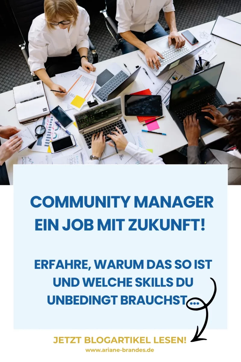 Pinterest Info-Grafik: «Community Manager ein Job mit Zukunft» mit der Info den Blogartikel von Community-Strategin Ariane Brandes zu lesen, um die Skills zu erfahren, die sich im Blogbeitrag befindet.